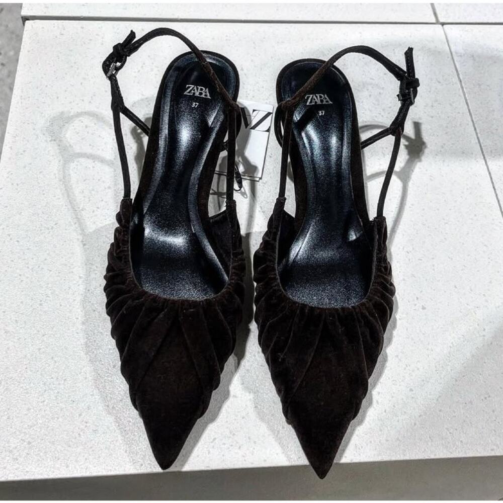 Zara NWT Brown Velvet Ruched Pointed Toe Slingback Kitten Heels 7.5 - Picture 13 of 16
